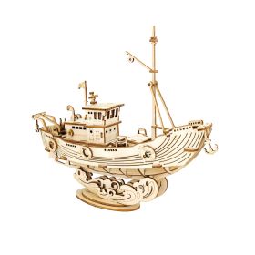 Robotime New 4 Kinds DIY Vintage Sailing Ship 3D Wooden Puzzle Game Assembly Boat Toy Gift for Children Teens Adult TG (SKU: TG308 Fishing ship)